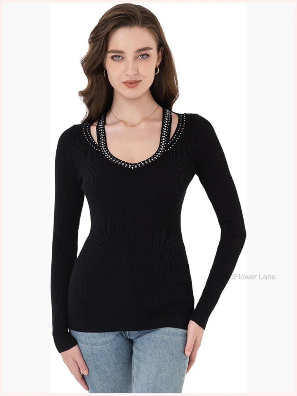 Rhinestone V Neck Solid Sweater Ribbed Knit Casual Blouse Tops